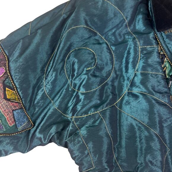 Vintage 90s Velvet Abstract Jacket XL | Teal Green Quilted Art Deco Statement - Picture 10 of 14